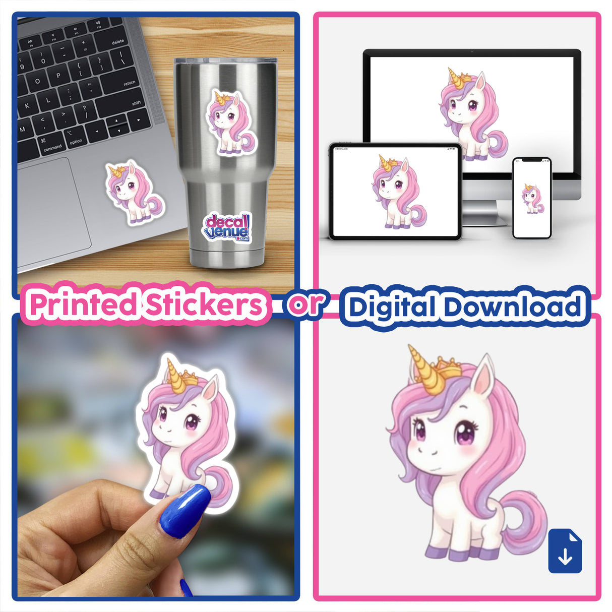 Chibi Unicorn Princess Sticker featuring a cute, magical unicorn design, displayed on various surfaces like laptops and cups, highlighting its versatility as both stickers and digital artwork.