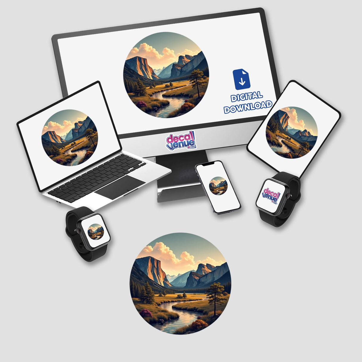 Stunning Mountain Landscape Clipart on a computer monitor and laptop, showcasing a serene river running through mountains; available as stickers or for commercial use download.