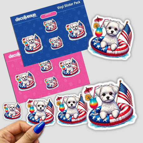 Maltese dog on American flag float with cocktail, available as stickers or digital art