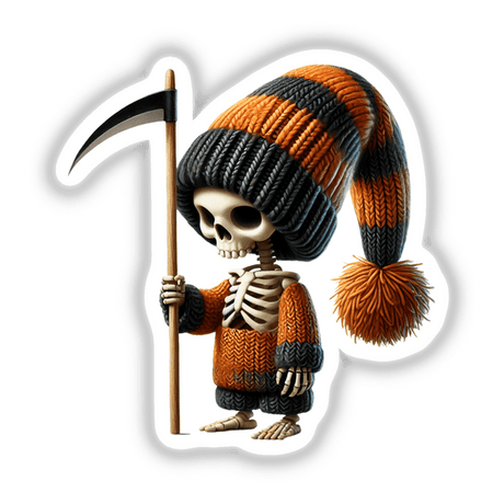 Skeleton Gnome with Scythe - Unique spooky digital artwork featuring a skeletal figure in an orange and black knit hat, holding a scythe against a transparent background.