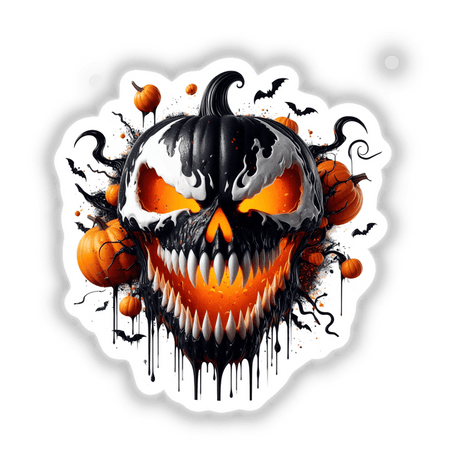 Spooky Evil Pumpkin Face sticker featuring a sinister pumpkin with a skull, smaller pumpkins, and a black bat, perfect for Halloween-themed decorations.