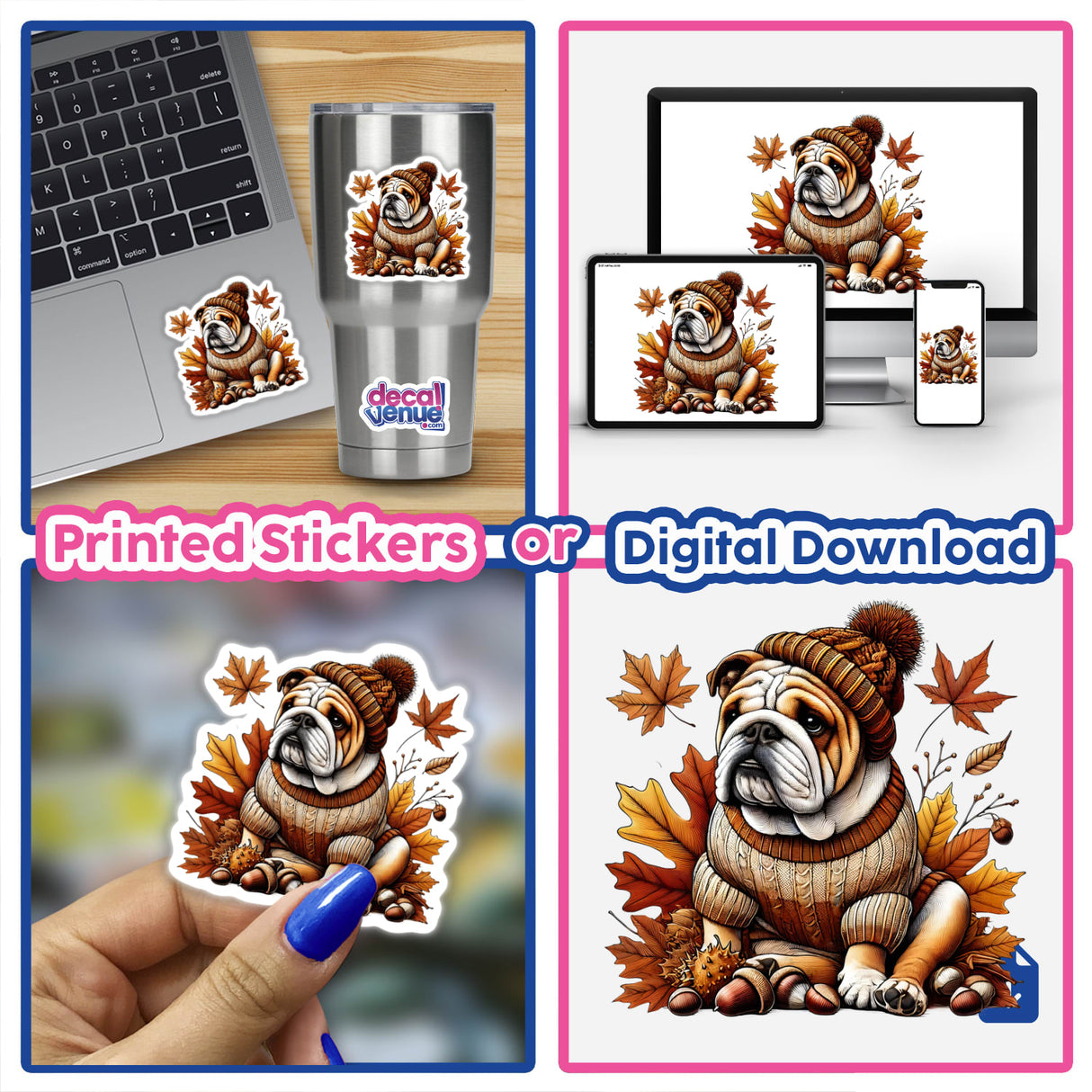 Adorable autumn bulldog in cozy sweater - digital artwork featuring a charming pup surrounded by fall foliage, available as printed stickers or digital download from DecalVenue.