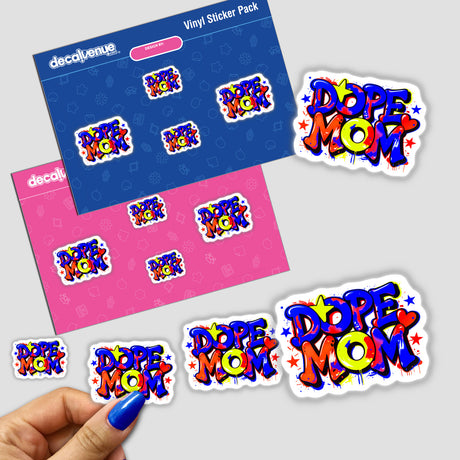 Dope Mom stickers featuring vibrant text and playful designs with stars and hearts, perfect for adding a unique touch to your items. Available as stickers or digital artwork.