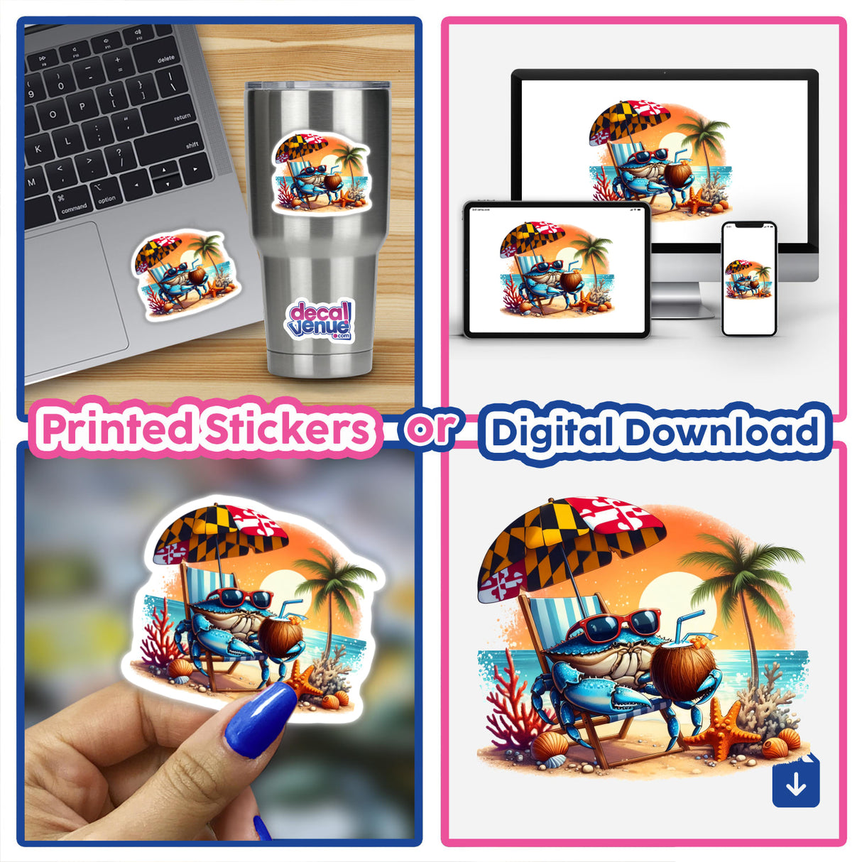 Beachy Blue Crab at Sunset: A vibrant illustration of a sunglasses-wearing crab on a beach, available as a vinyl sticker for a laptop or tumbler, or a digital download for various devices.