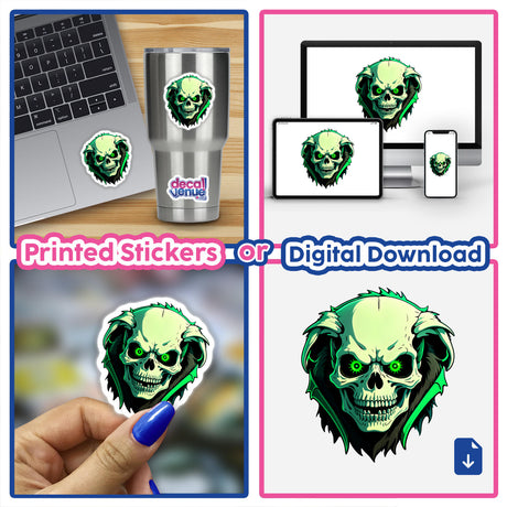 A collage featuring A Hybrid Human Dog Skull stickers and digital artwork, showcasing unique skull designs on laptops and cups, embodying Decal Venue's distinctive sticker and digital art collection.