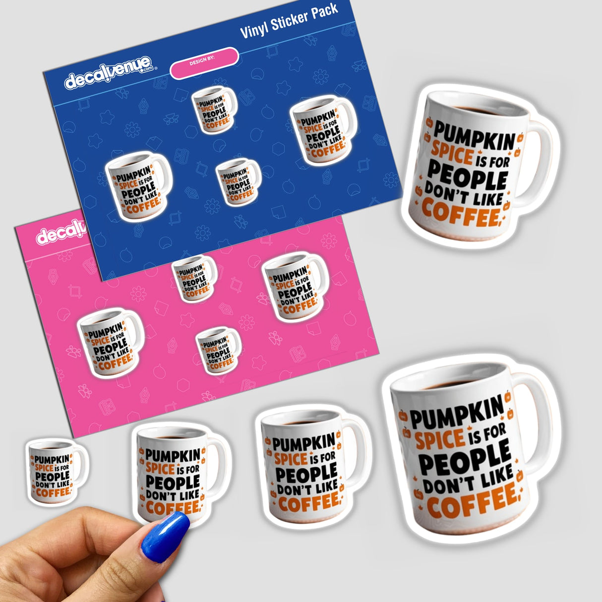 Hand holding a sticker pack featuring sarcastic pumpkin spice quotes for coffee lovers. Available as stickers or digital artwork titled Sarcastic Pumpkin Spice Quote | Funny Coffee Lovers | Sticker or Commercial Rights Download.