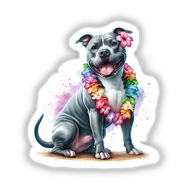 Watercolor Hawaiian Lei Pitbull Dog