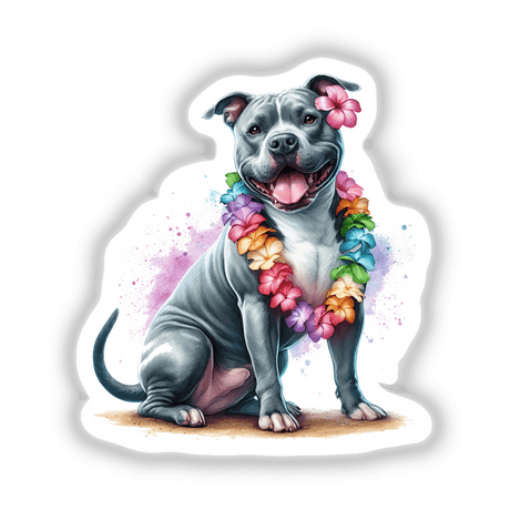 Watercolor Hawaiian Lei Pitbull Dog