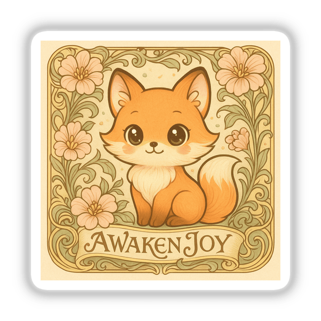 Awaken Joy Kawaii Art Nouveau Sticker or Clipart features a charming fox in an uplifting art style, available as stickers or digital artwork with commercial rights.