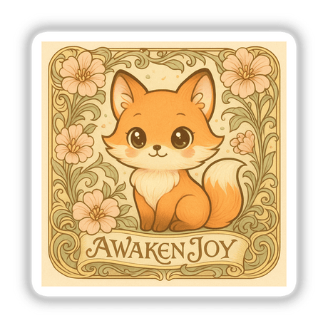 Awaken Joy Kawaii Art Nouveau Sticker or Clipart features a charming fox in an uplifting art style, available as stickers or digital artwork with commercial rights.