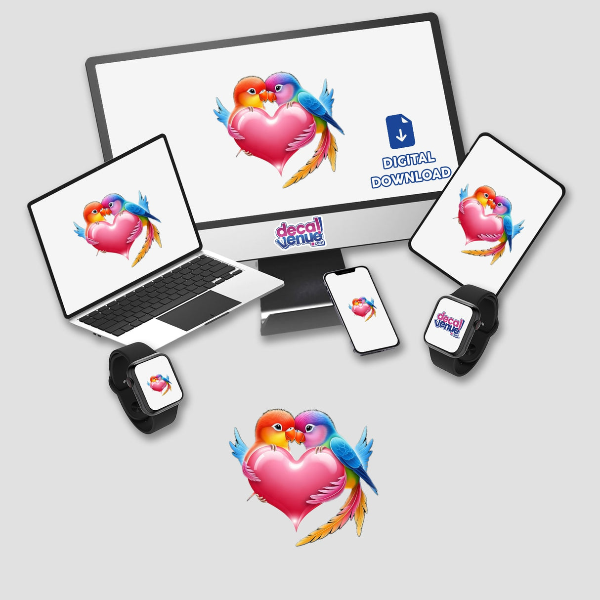 Colorful Lovebirds with Pink Heart
