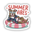 Cheerful pitbull dog wearing tropical shirt and sunglasses, relaxing on pink and white striped pool float, surrounded by "Summer Vibes" text
