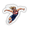 Velocista Nato: Cartoon of a man in a sports uniform with long hair and glasses, available as stickers or digital artwork.