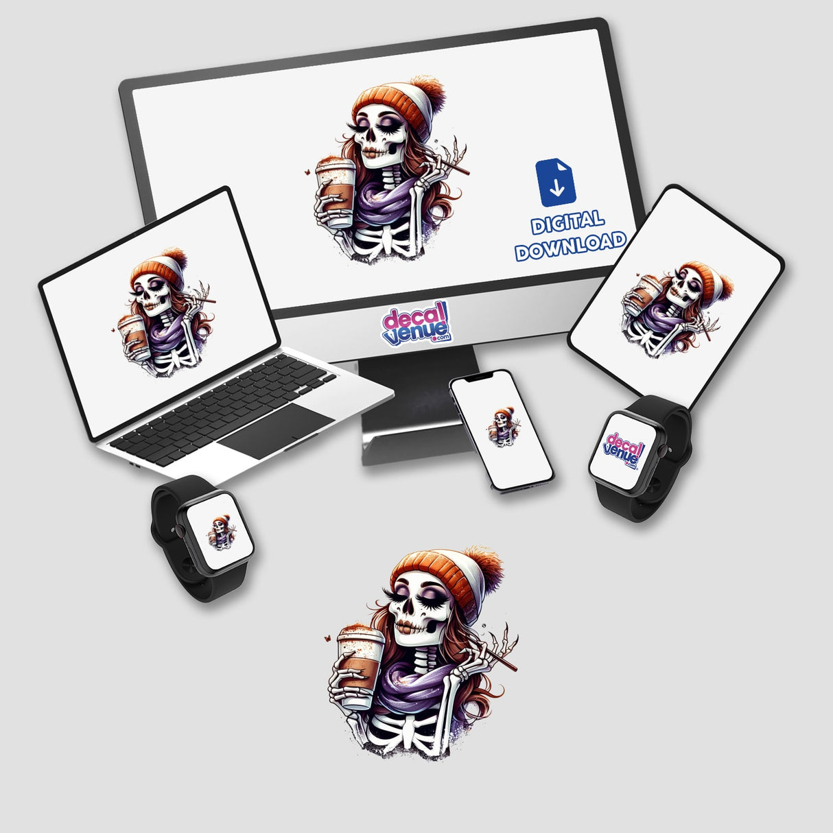 Sassy Skeleton Pumpkin Spice Mama digital artwork featuring a skeleton holding a coffee cup displayed on a computer monitor and laptop. Available as stickers or digital art from Decal Venue.