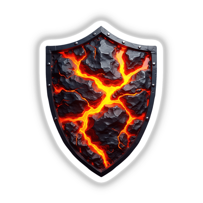 Molten Lava Shield sticker or digital artwork featuring a striking black shield design with red lava patterns, ideal for adding a fiery touch to any collection from Decal Venue.
