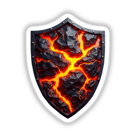 Molten Lava Shield sticker or digital artwork featuring a striking black shield design with red lava patterns, ideal for adding a fiery touch to any collection from Decal Venue.
