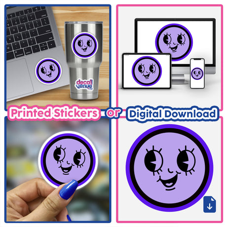 Purple Cute Smiley Face sticker displayed on a laptop, featuring a cartoon face with black eyes and a purple circle. Available as a sticker or digital artwork from Decal Venue.