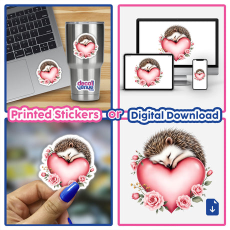Sleeping Hedgehog with Roses and Hearts sticker, showcasing a serene hedgehog among roses and hearts. Ideal for adding charm and tranquility to your space with Decal Venue's unique vinyl stickers.