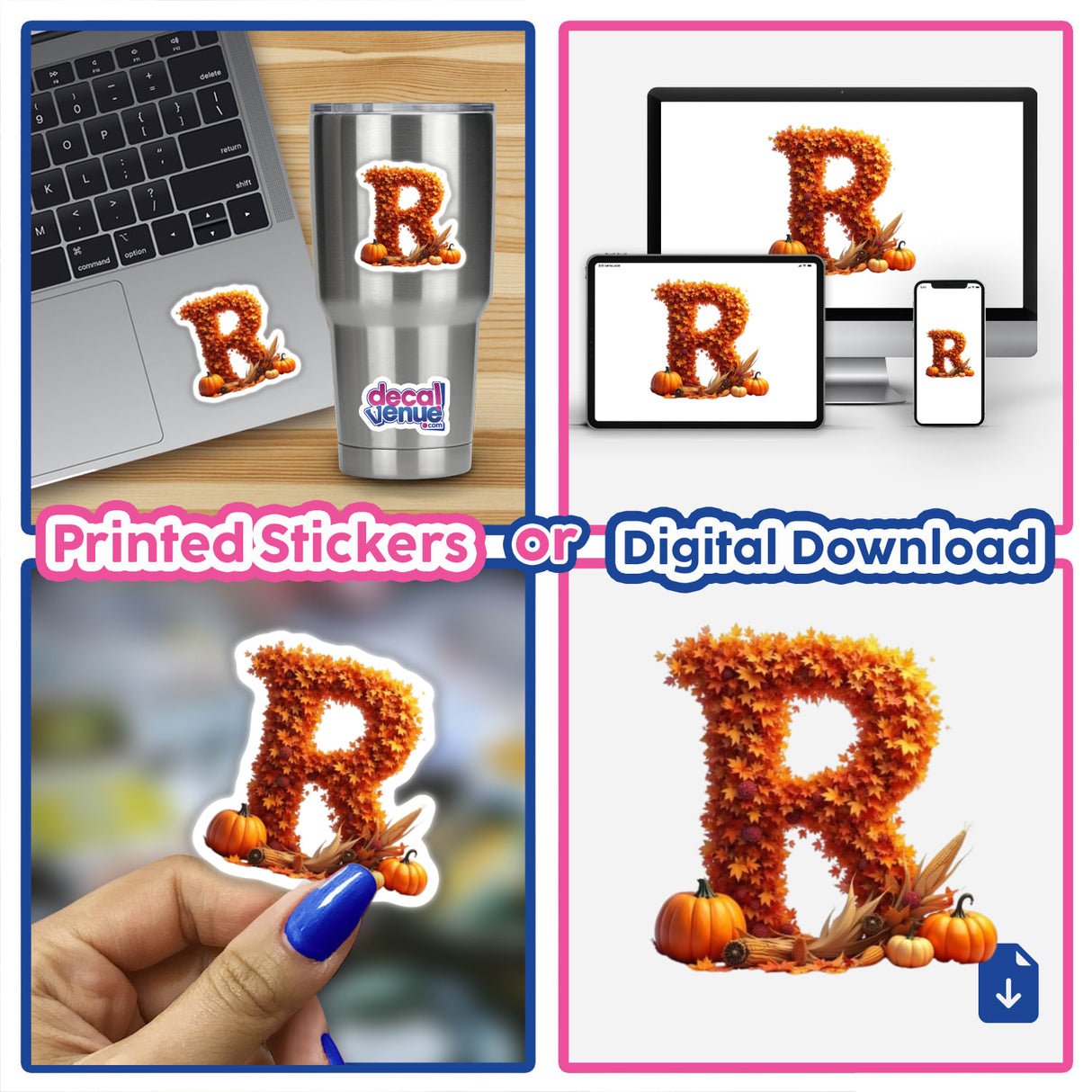 Thanksgiving Letter R Clipart - Fall Leaves and Pumpkins Design, shown as stickers on laptops and available for digital download.