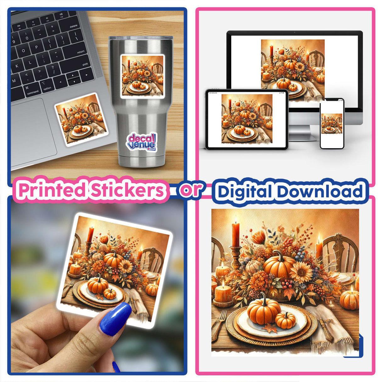Thanksgiving Table - Festive Feast with Pumpkins and Leaves: A collage featuring a table setting with a laptop, pumpkins, flowers, and candles, available as stickers or digital artwork.