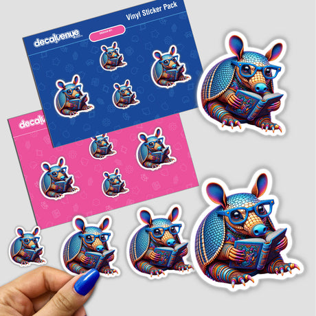 Cartoon armadillo with reading glasses and an open book, available as stickers or digital artwork, embodying Decal Venue's unique vinyl sticker and digital art collection.