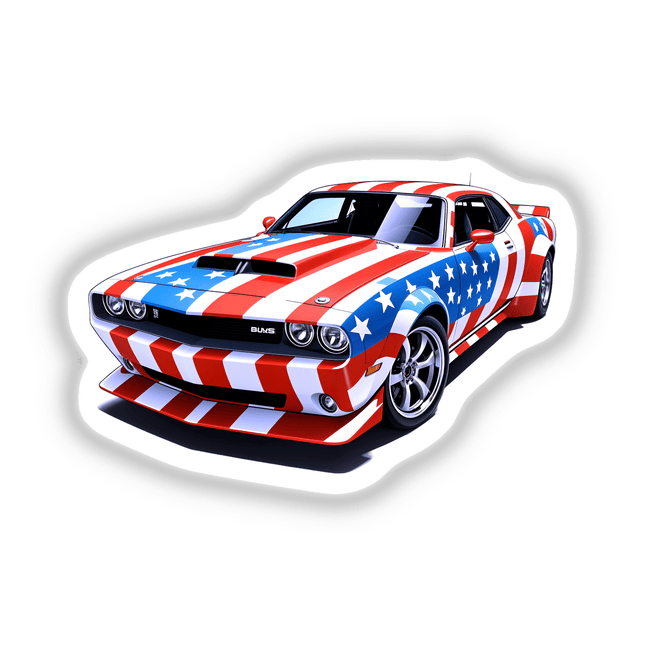 A Cool American Flag Muscle Car image, showcasing a car with a flag-themed design, featuring a white star on a blue background, available as stickers or digital artwork.