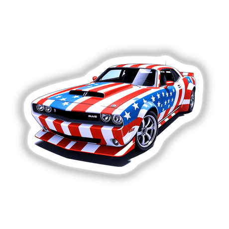A Cool American Flag Muscle Car image, showcasing a car with a flag-themed design, featuring a white star on a blue background, available as stickers or digital artwork.