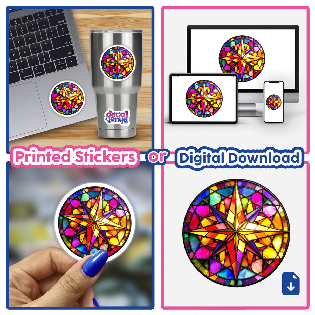 Collage showing 'Compass Stained Glass Style' stickers and digital art, featuring intricate geometric patterns resembling a stained glass window, highlighting the unique design offered at Decal Venue.