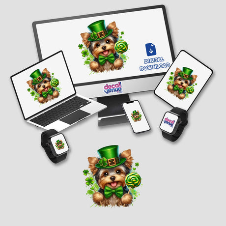 St Patricks Yorkie Dog Holding Lollipop featured on various devices, showcasing the design as stickers or digital artwork, available at Decal Venue for unique decorative options.