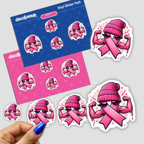 Flexing Pink Breast Cancer Ribbon Beanie sticker with a pink ribbon featuring a hat, mustache, and eyelashes, available as stickers or digital artwork from Decal Venue.
