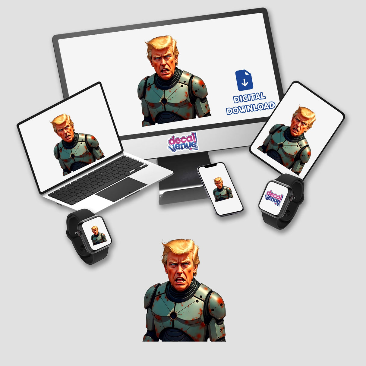 Futuristic President Donald Trump depicted on a computer screen, laptop, and smartwatch, available as stickers or digital artwork, showcasing a unique blend of tech and creativity.