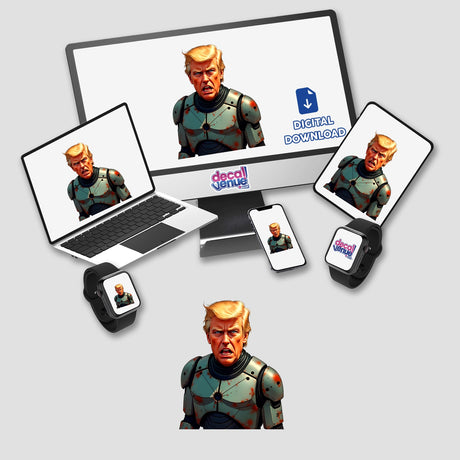 Futuristic President Donald Trump depicted on a computer screen, laptop, and smartwatch, available as stickers or digital artwork, showcasing a unique blend of tech and creativity.