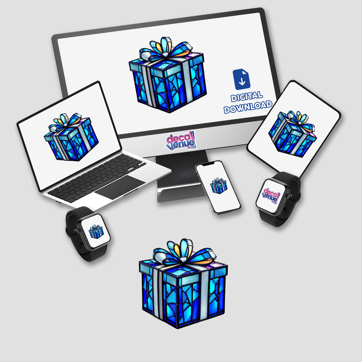Hanukkah Gift Box Stained Glass Style displayed on a computer monitor and laptop screen, available as stickers or digital artwork, featuring a blue gift box motif from Decal Venue.