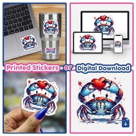Watercolor Blue Crab Holding Heart sticker on a laptop, showcasing a vibrant crab clutching a heart, perfect for adding unique marine-themed charm to personal items.