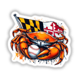 Maryland Flag Baseball Crab Splash design featuring a cartoon crab holding a red and white flag and a baseball. Available as stickers or digital artwork.