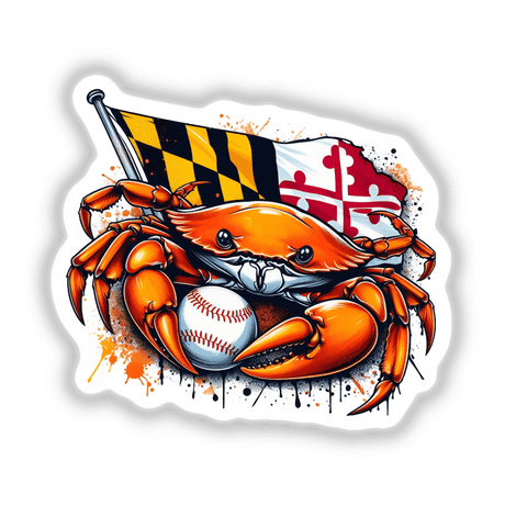 Maryland Flag Baseball Crab Splash design featuring a cartoon crab holding a red and white flag and a baseball. Available as stickers or digital artwork.