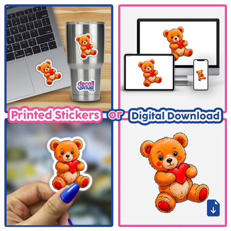 Cute Valentine's Day Teddy Bear stickers collage, featuring cartoon teddy bears holding hearts, displayed on a laptop and cup, available as stickers or digital artwork.