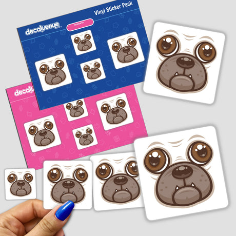 Cartoon Pug Mug Puppy Dog Face stickers featuring playful cartoon dog faces, ideal for decorating various surfaces. Available as vinyl stickers or digital artwork from Decal Venue.