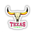 Texas USA Skull Design featuring a horned skull and stylized text, available as stickers or digital artwork. Perfect for fans of unique vinyl graphics from Decal Venue.