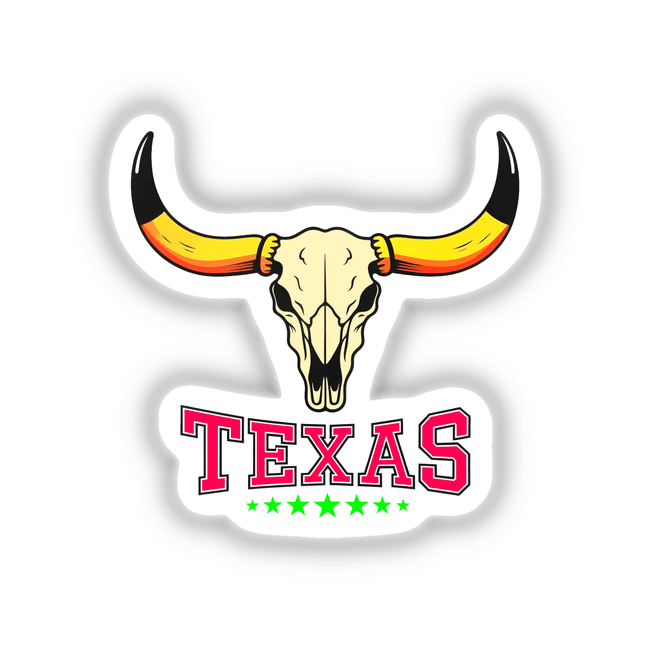 Texas USA Skull Design featuring a horned skull and stylized text, available as stickers or digital artwork. Perfect for fans of unique vinyl graphics from Decal Venue.