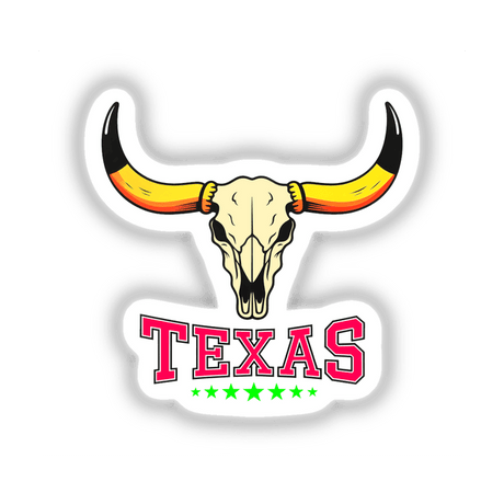 Texas USA Skull Design featuring a horned skull and stylized text, available as stickers or digital artwork. Perfect for fans of unique vinyl graphics from Decal Venue.