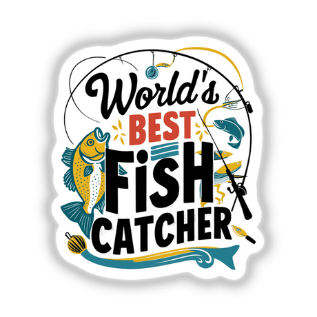 Sticker of a fishing rod and fish with the title World's Best Fish Catcher, representing a fishing company logo. Available as stickers or digital artwork from Decal Venue.