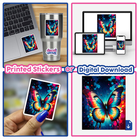 A Pretty Colorful Butterfly sticker collage, showcasing vibrant butterfly designs on various surfaces, available as unique vinyl stickers or digital artwork from Decal Venue.