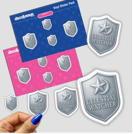 Celestial Watcher – RPG-Style Skill Badge featuring a silver star and moon shield, available as detailed stickers or digital artwork. Ideal for enhancing role-playing collections or digital displays.