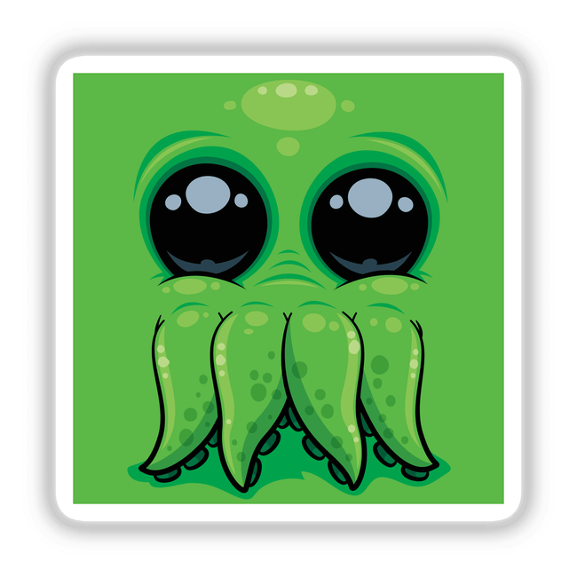 Cutethulhu Cute Cthulhu Face cartoon features a green square character with black eyes and a mustache, available as unique stickers or digital artwork.