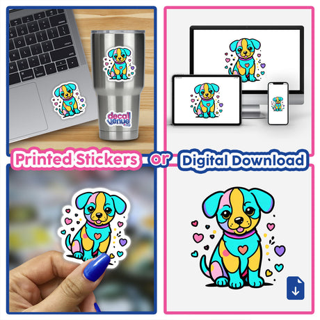 Multicolored dog with hearts