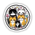 Adorable cat family surrounded by floral design, digital artwork sticker