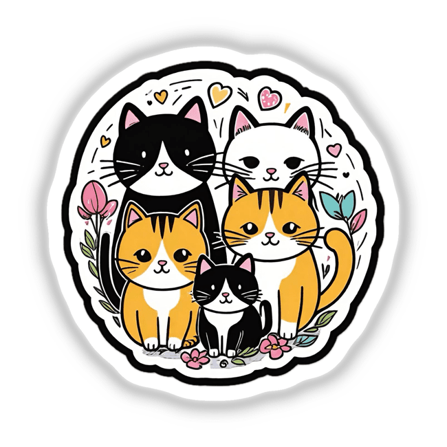 Adorable cat family surrounded by floral design, digital artwork sticker
