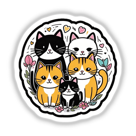 Adorable cat family surrounded by floral design, digital artwork sticker