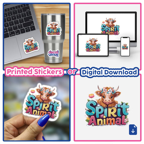 Colorful digital artwork depicting a whimsical "Spirit Animal" design featuring a highland cow in a vibrant, playful style. The image shows the design applied to various products including a laptop, phone, stickers, and a tumbler, showcasing the versatility of the artwork.